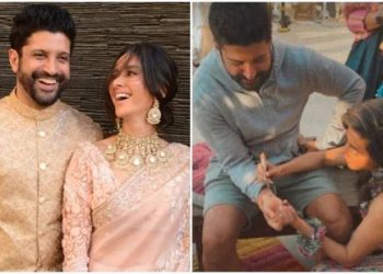 Farhan Akhtar smiles as Shibani Dandekar applies mehendi on his wrist in unseen pic from pre-wedding festivities